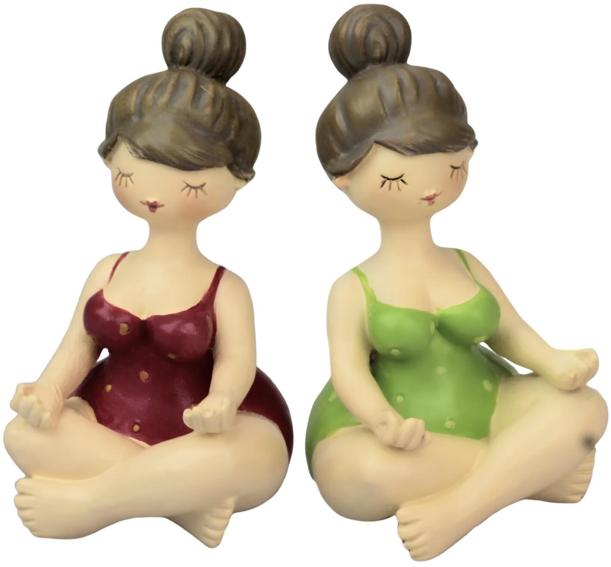 Woonkamer decoratie beeldje - yoga houding - dikke of mollige dame - yoga pakje groen / rood - 12 cm