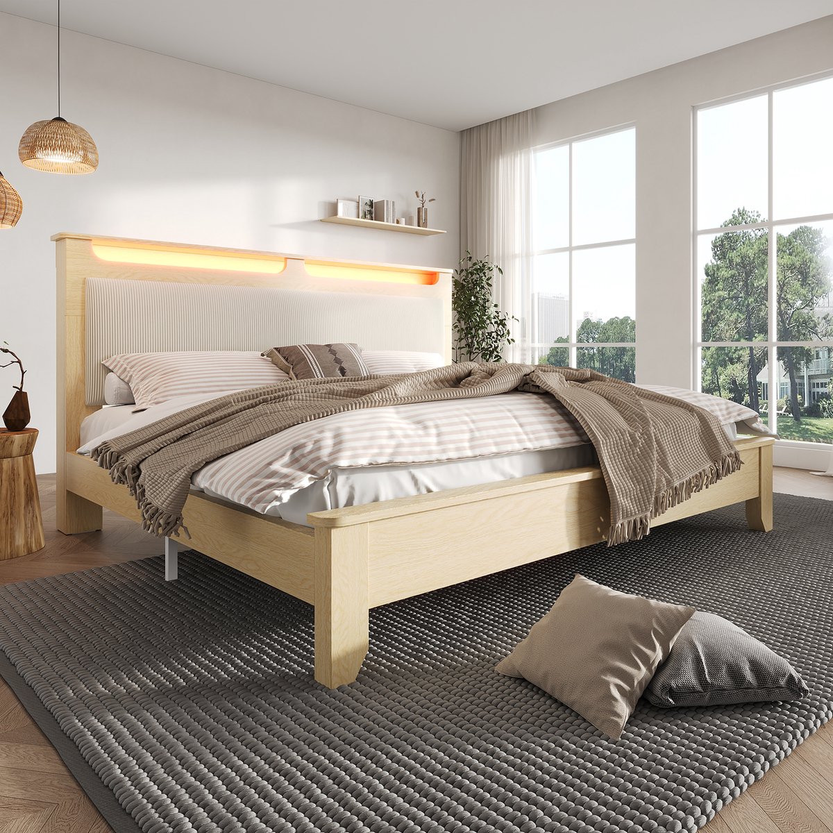 WUVRIE Tweepersoonsbed 140x200 cm met LED-bedhoofdbord, opbergruimte en matras, eiken/beige