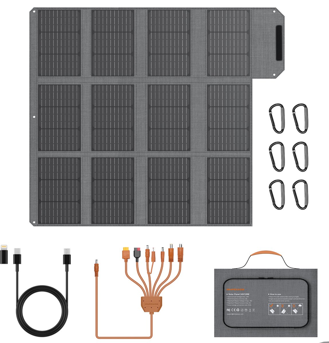 MHPOWOS 120W Vouwbaar Zonnepaneel, Monokristallijn ETFE Zonneoplader met USB-A/USB-C/DC Uitgang, IP67 Waterbestendig, Draagbaar Zonnepaneel voor Camping, Camper, Tuin en Noodstroomvoorziening