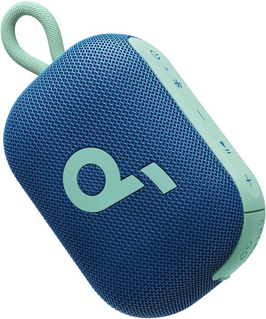 Blauwe Soundcore Select 4 Go portable speaker met mintgroene details en een lus.