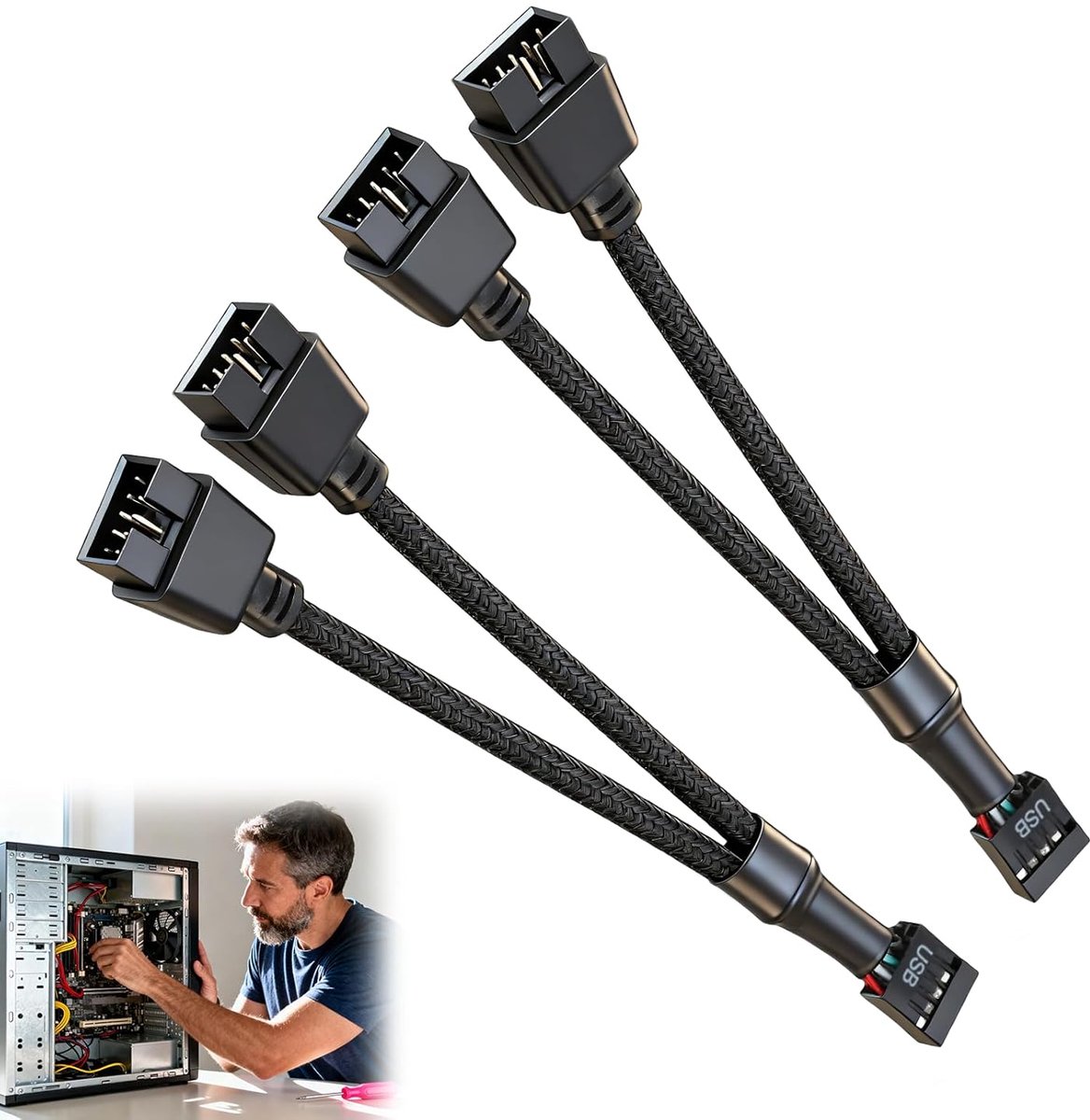 USB 2.0 9 Pin Splitter - Dual Extension Kabel - Nylon Gevlochten - Uitbreiding van USB Aansluitingen voor PC - ShopVlot