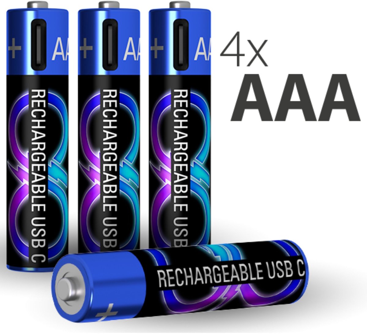 Force Case, Set van 4 Oplaadbare USB-C Batterijen LR03 / AA met Oplaadkabel, Zwart / Blauw