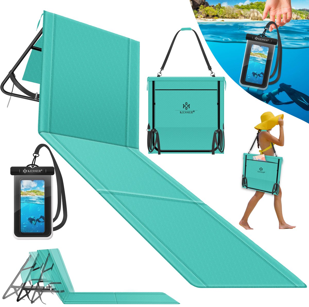 KESSER® Strandmat opvouwbaar - Verstelbare rugleuning en draagriem - Tot 130 kg - 1 stuk - Aquablauw