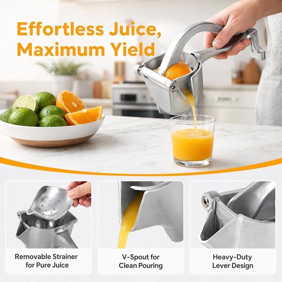 Handmatige Citruspers van RVS, Draagbare Sapcentrifuge voor Citroenen en Sinaasappels, Efficiënte Sapextractor voor Alle Fruitsoorten — afbeelding 2