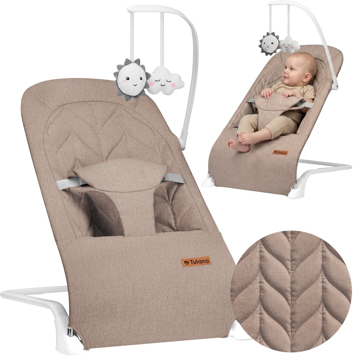Tulano Moon 10 Baby Wipstoel - Verstelbare Baby Bouncer met Speelboog & 3-Punts Gordel - Tot 9 kg - taupe