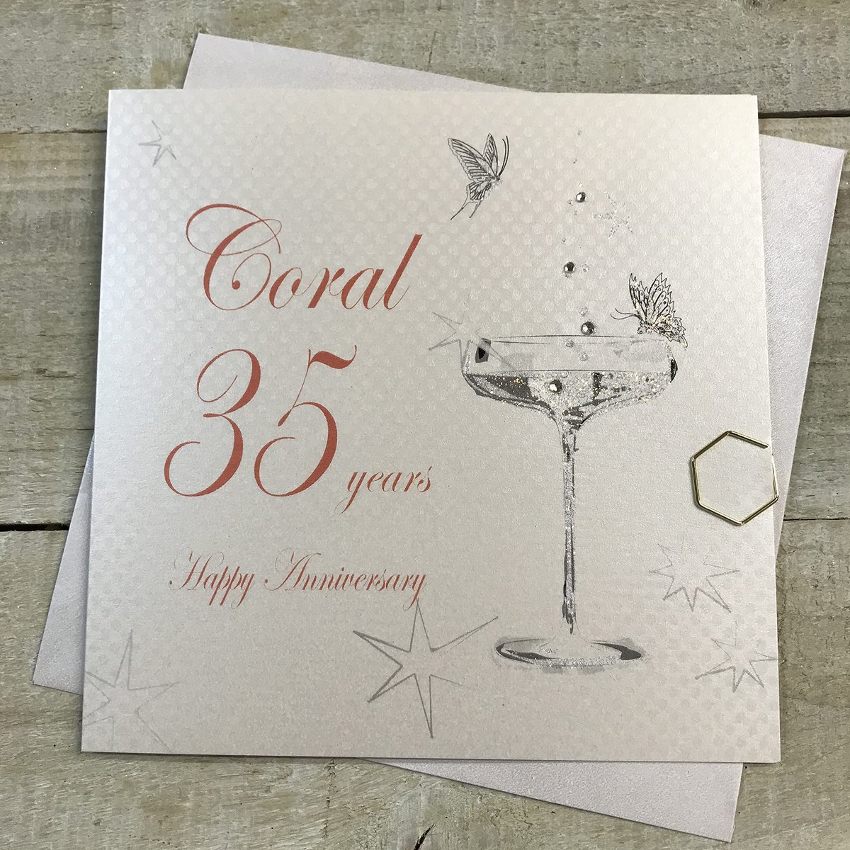 White Cotton Cards BD135C Coupe glas"Happy Anniversary 'Coral' 35 Years" handgemaakte verjaardagskaart, wit - ShopVlot