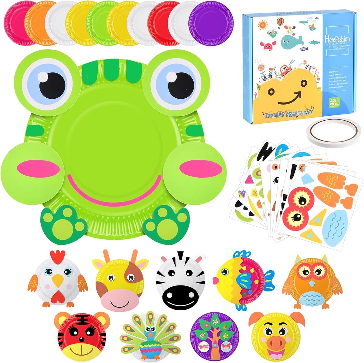 Creatieve DIY Dieren Kunstset voor Kinderen, 10 Delige Ronde Papieren Bord Set met Dubbelzijdige Plakband, Educatief Speelgoed voor Peuters en Kinderen van 3-12 Jaar, Verjaardagscadeau