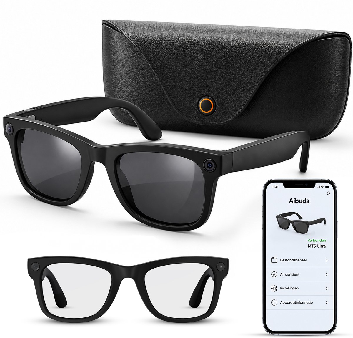 Woegel AI Smart Glasses met Camera – Smart Bril 8MP – AI Slimme Zonnebril – Spycam – AI-assistent met ChatGPT & Vertaling – Inc. Oplaadhoes – 2 sets glazen – Bluetooth, WiFi & App – Zwart
