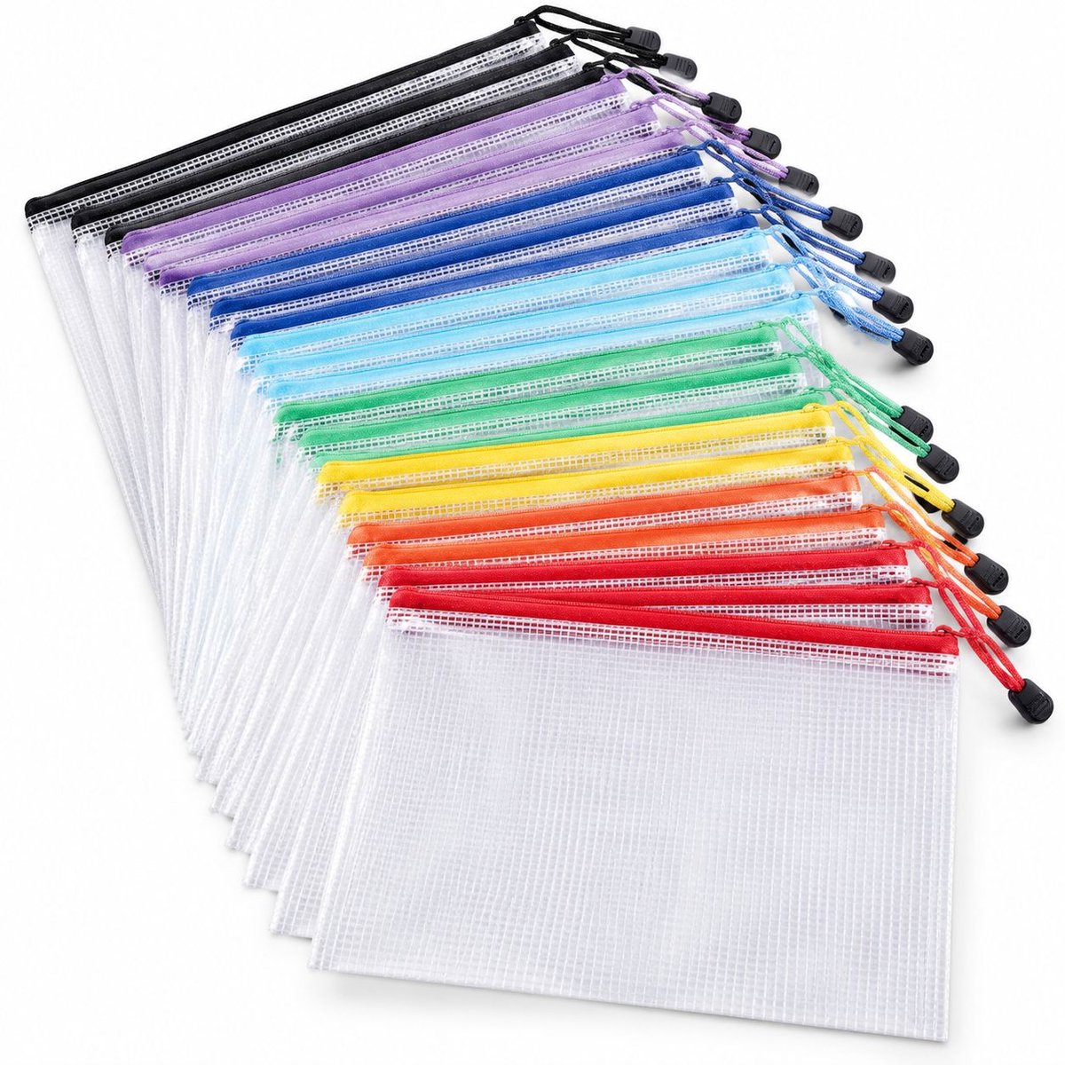 VHV - Plastic gaas rits mappen - 24 stuks - Waterdichte mappen - Waterbestendig - A4 - Netzakjes met ritssluiting - 8 kleuren - op kantoor