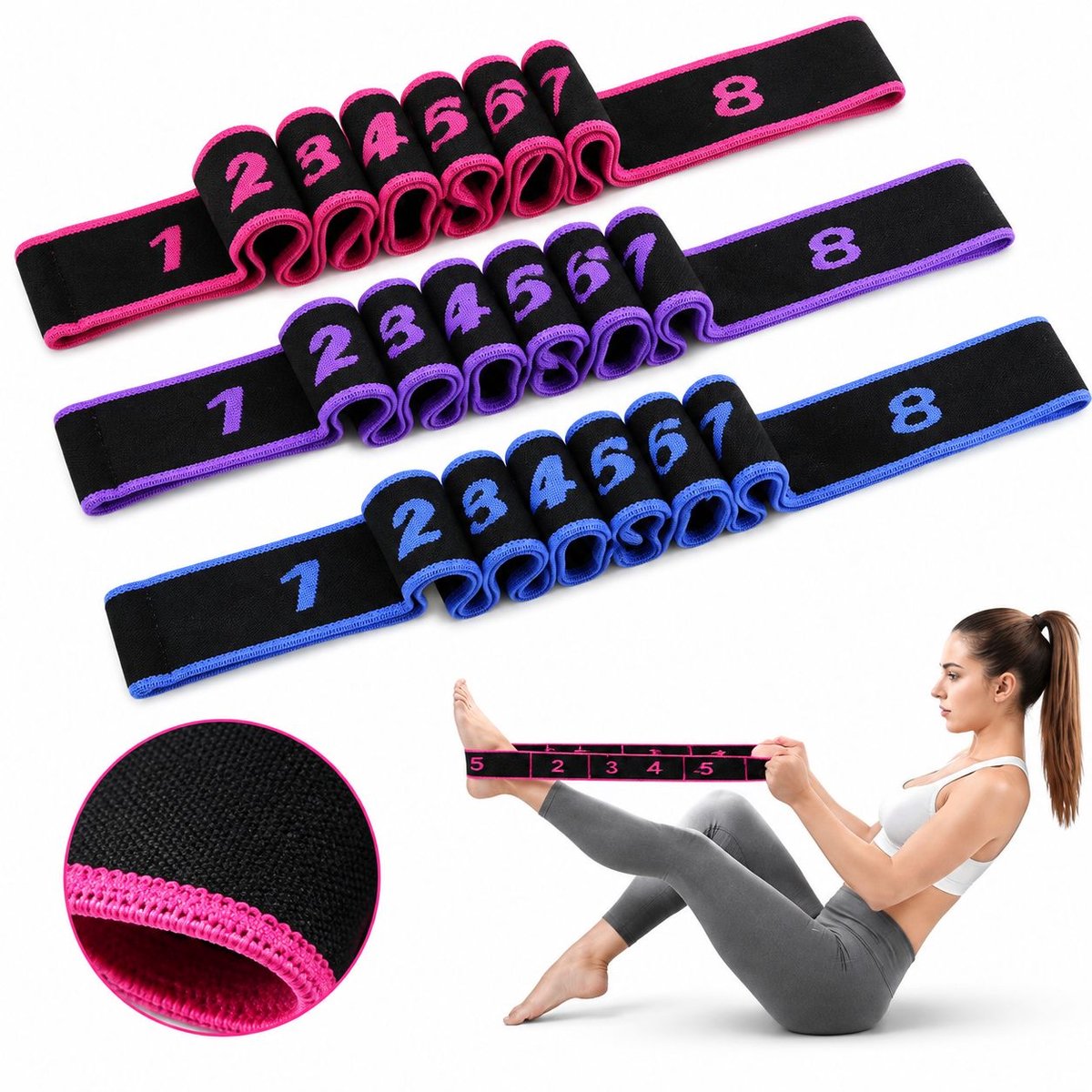 VHV - Yoga weerstandsband - 3 stuks - Weerstandsbanden set - Oefenbanden - Sport stretch band - Resistance band - Fitness elastiek - op reis
