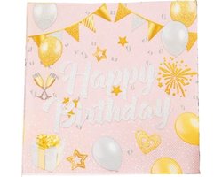 Papieren servetten - Feestservetten - Verjaardagsversiering - Happy Birthday-print - 33 x 33 cm - Roze