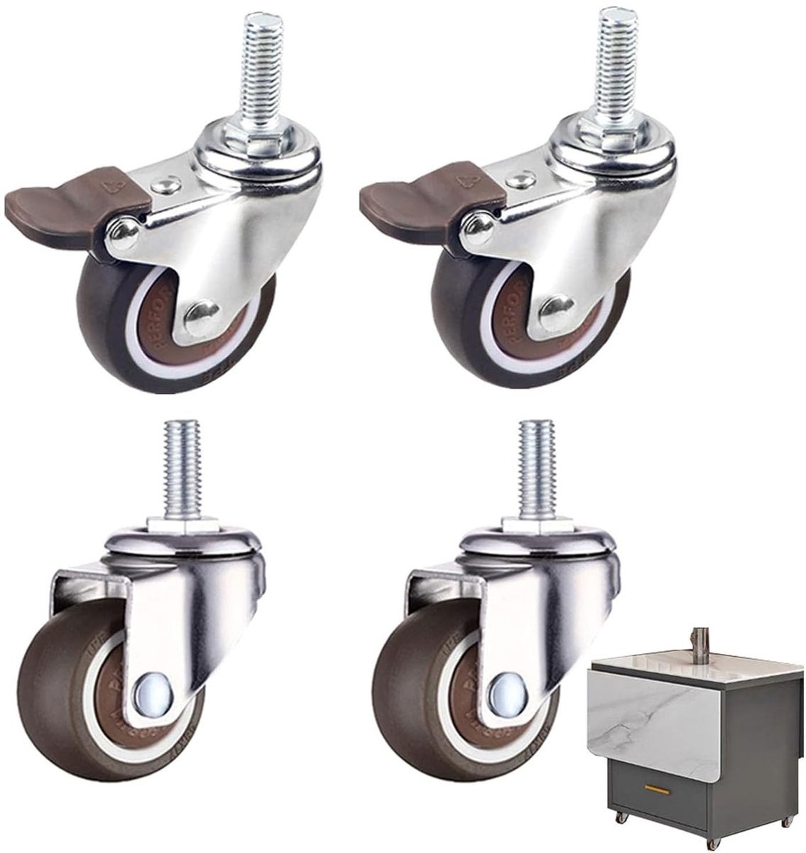 Set van 4 M8 Draadwielen, 360° Draaibare Meubelwielen met Rem, Kleine Antislip Rubber Wielen, Geschikt voor Meubels, Laadcapaciteit tot 40 kg, 2 Wielen met Rem en 2 Zonder Rem