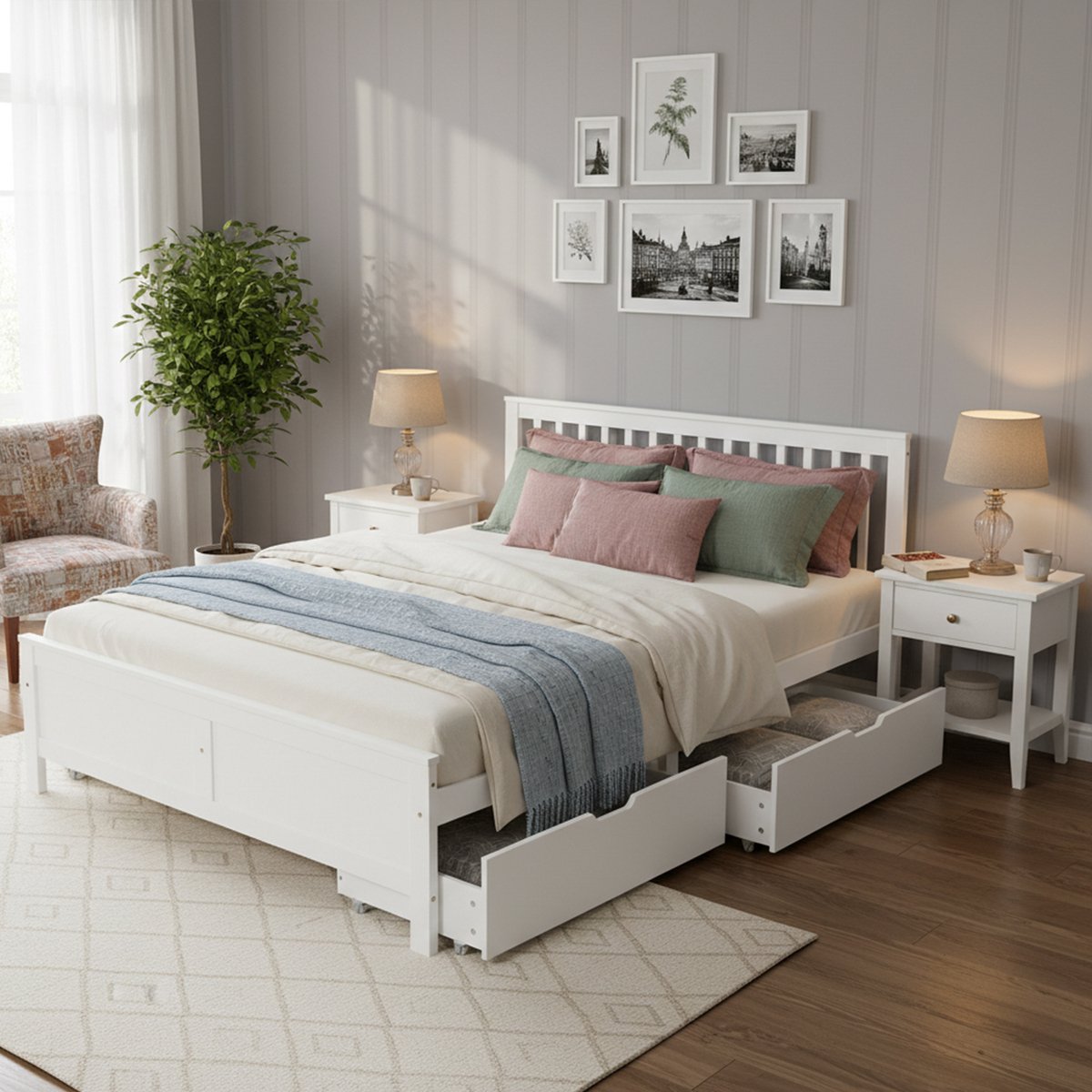 WUVRIE Tweepersoonsbed 140x200 cm met 2 opberglades en lattenbodem, wit