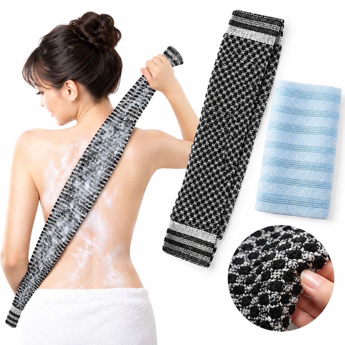 VHV - Rugscrubhanddoek - 2 stuks - Japanse rugscrubberset - Badhanddoeken - Exfoliërende handdoeken - Dubbelzijdige rugscrubstrip