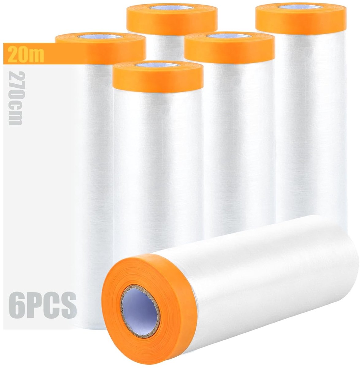 Masking film met kleefband, 6 rollen, 270 cm x 20 m - Perfect voor schilderen, renovatie en bescherming