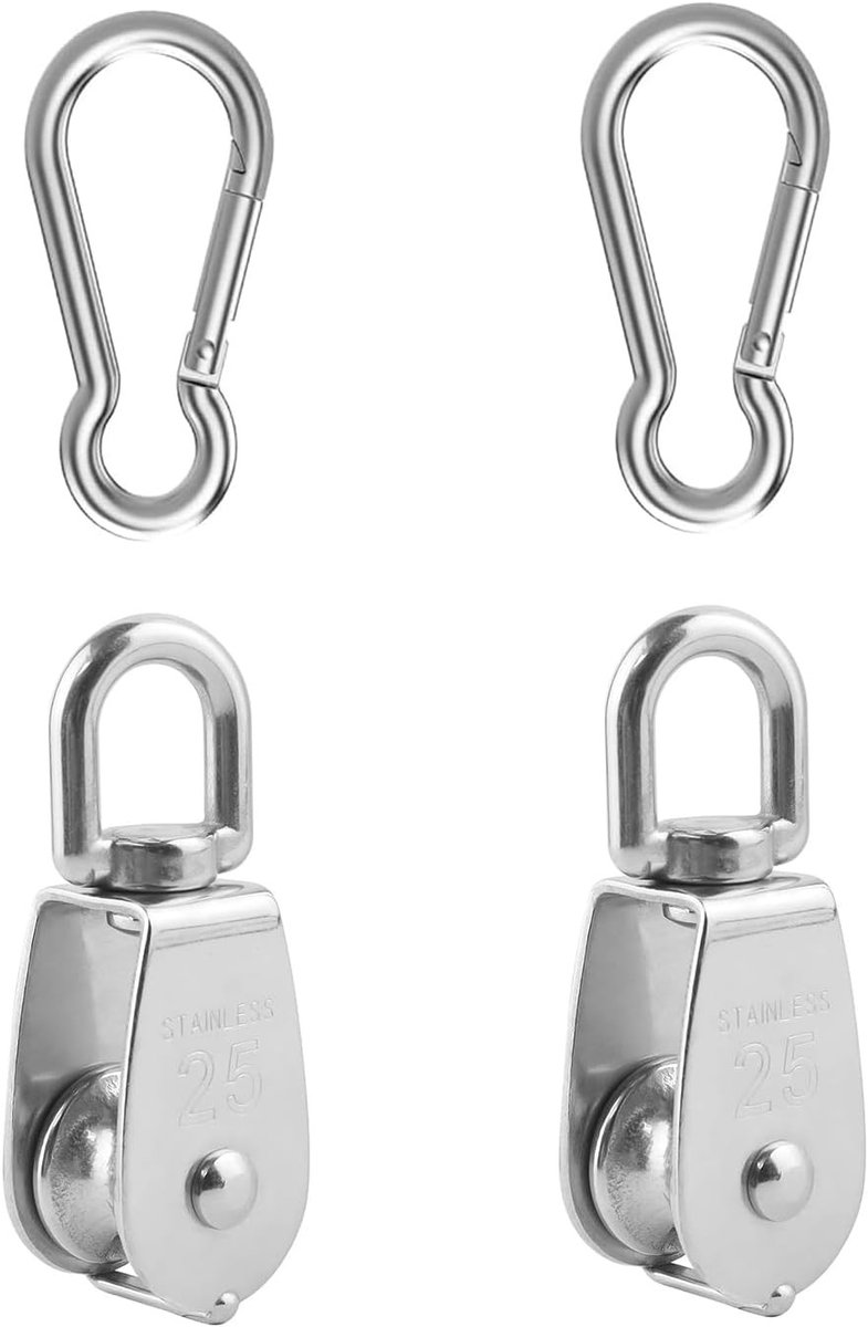 Rondom touwpulley set met 2 kogellagers en 2 karabiners, roestvrij staal, 150 kg draagvermogen, ideaal voor fitness en hijstoepassingen