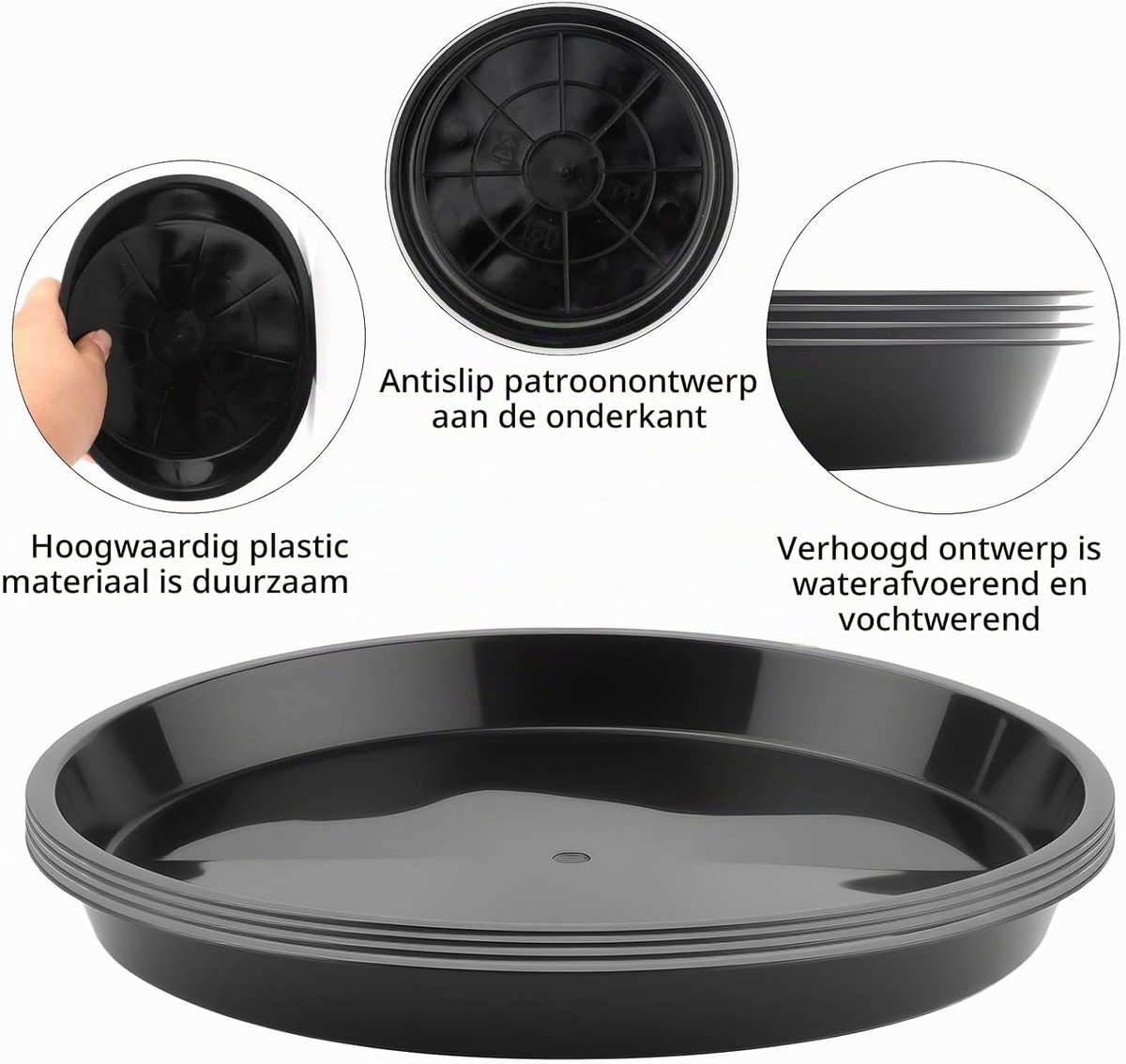Ronde plantenpot met schotel van 30 cm, zwart plastic, ideaal voor binnen- en buitenplanten, duurzaam en stijlvol