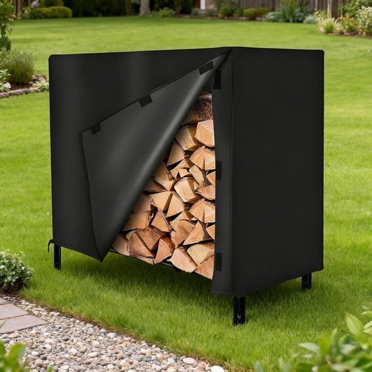 Brandhoutafdekking - Beschermer voor houtstapel - Voor opslag buiten - Waterdicht Oxford-doek - 121 x 61 x 107 cm - Zwart