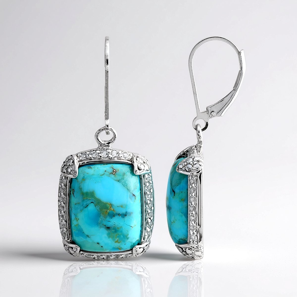 Cavill - 925 Sterling Zilver Oorbellen - Gerhodineerd - 12,36 ct Kingman Mohave Turkoois & 0,43 ct Witte Topaas - Blauwe Cabochon Pavé