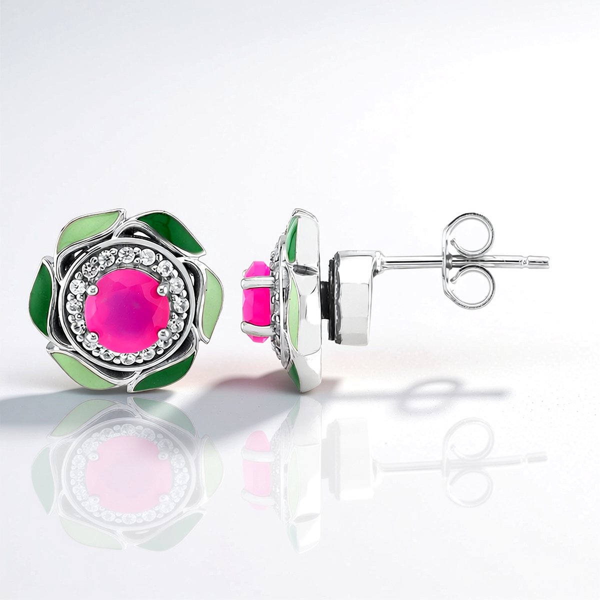 Cavill - 925 Sterling Zilver Oorbellen met 0,85 ct Frambozen Chalcedoon - Platina Laag - Rondgeslepen 32x Zirconia Pavé - Elegant & Sprankelend