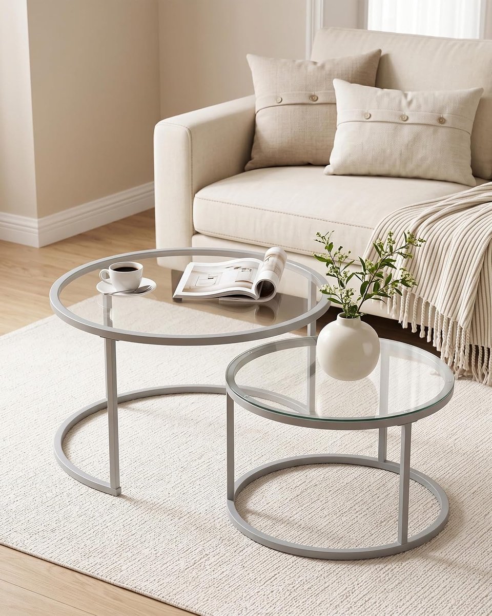 Salontafel, rond, set van 2, zilver, woonkamertafel, rond, met transparant glas en zilveren metalen frame, modern, waterdicht, voor binnen en buiten, Ø 80 en 60 cm