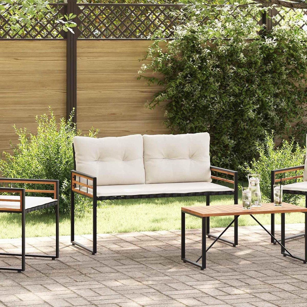 Zitbank van acaciahout, crèmekleurige zitbank met afneembaar kussen, 114 x 55 x 77 cm, houten bank voor balkon, tuin en terras met verstelbare poten