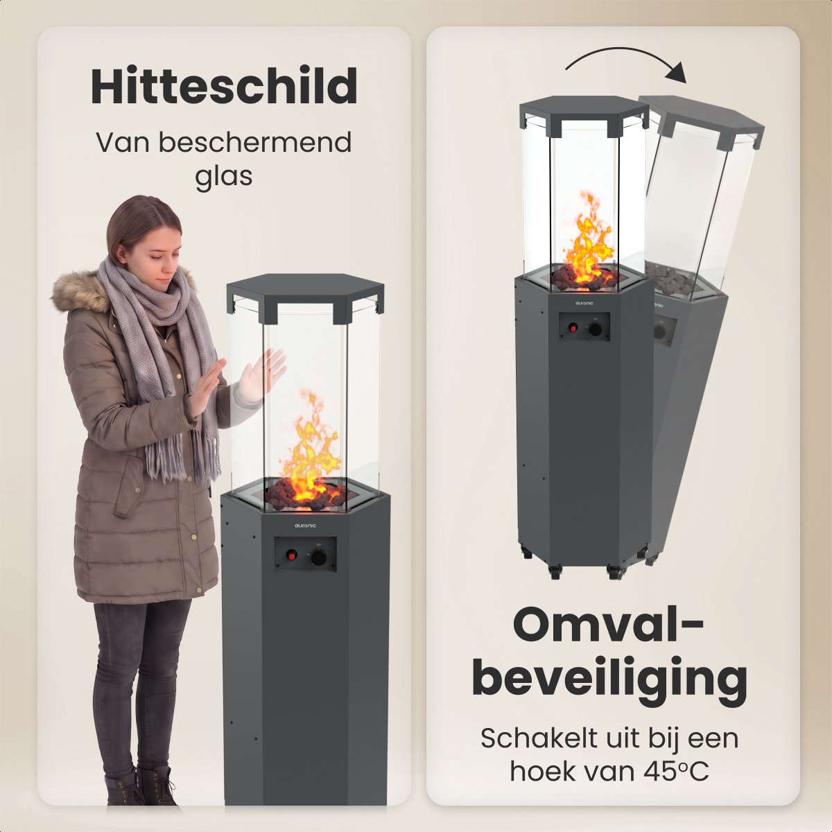 Auronic Gas Terrasverwarmer - Tot 25m2 - 360° Warmte - Met Lavastenen en Echte Vlam - 8000W Inclusief Hoes en Slang - Zwart – foto 4