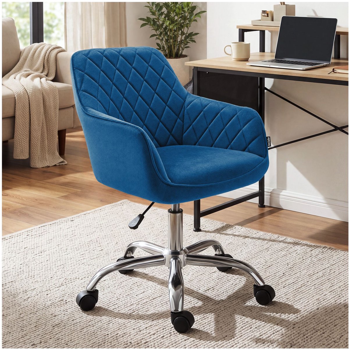 tectake® Bureaustoel - 360° Draaibaar - Gestoffeerde Eetkamerstoel op Wieltjes - Fluwelen Bekleding - In Hoogte Verstelbare Draaifauteuil - Ergonomische Draaistoel met Armleuningen - Eetkamerstoel met Wielen - Blauw