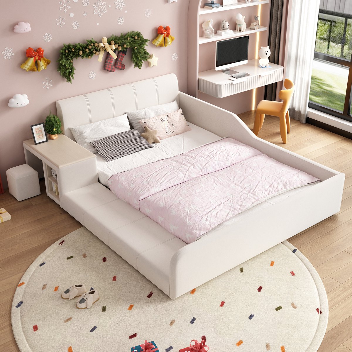 WUVRIE Kinderbed 140x200 cm met bureau, hocker, legplank en zacht fluwelen hoofdbord, wit