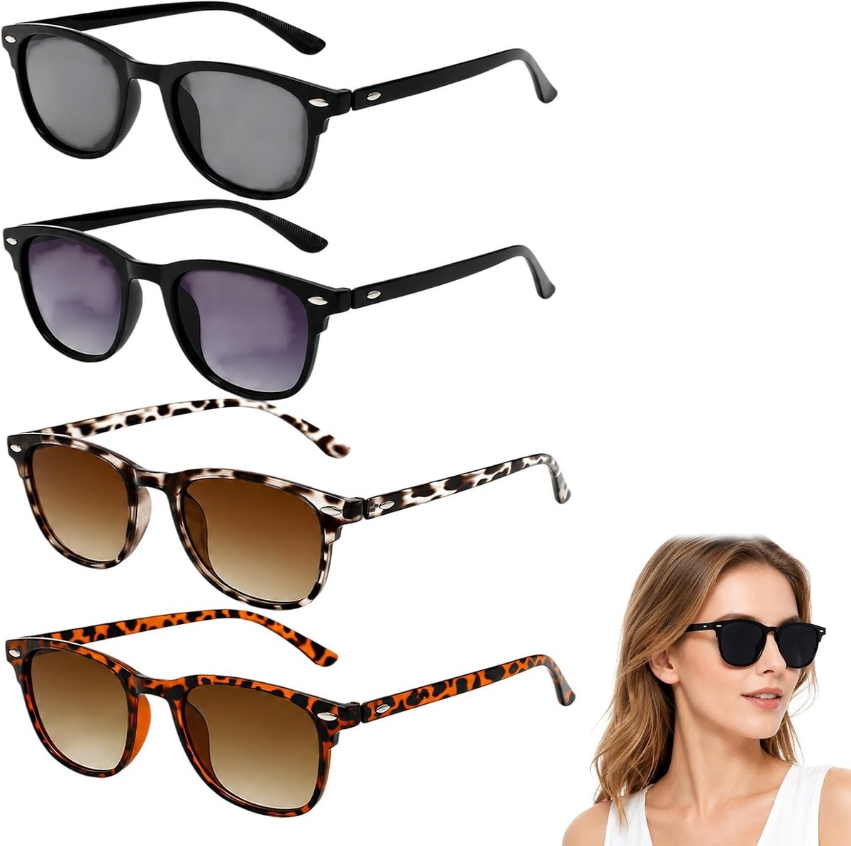 Set van 4 rechthoekige zonnebrillen - UV400 bescherming, lichtgewicht en stijlvolle unisex zonnebrillen voor elke gelegenheid