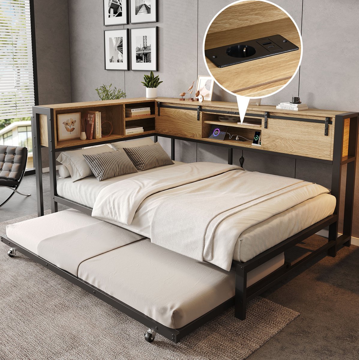 STILVORA Metalen Bed 120 x 200 cm – Uitschuifbed 90 x 190 cm Met Opberghoofdbord En Oplaadaansluiting – Zonder Matras – Zwart Naturel