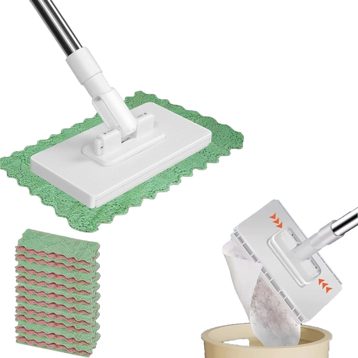SnelShoppen - Mop met Push Clamp Systeem - 10x Herbruikbare Microvezel Mop Pads - Handenvrije Vervanging voor Huishouden, Kantoor en Restaurant - Univ