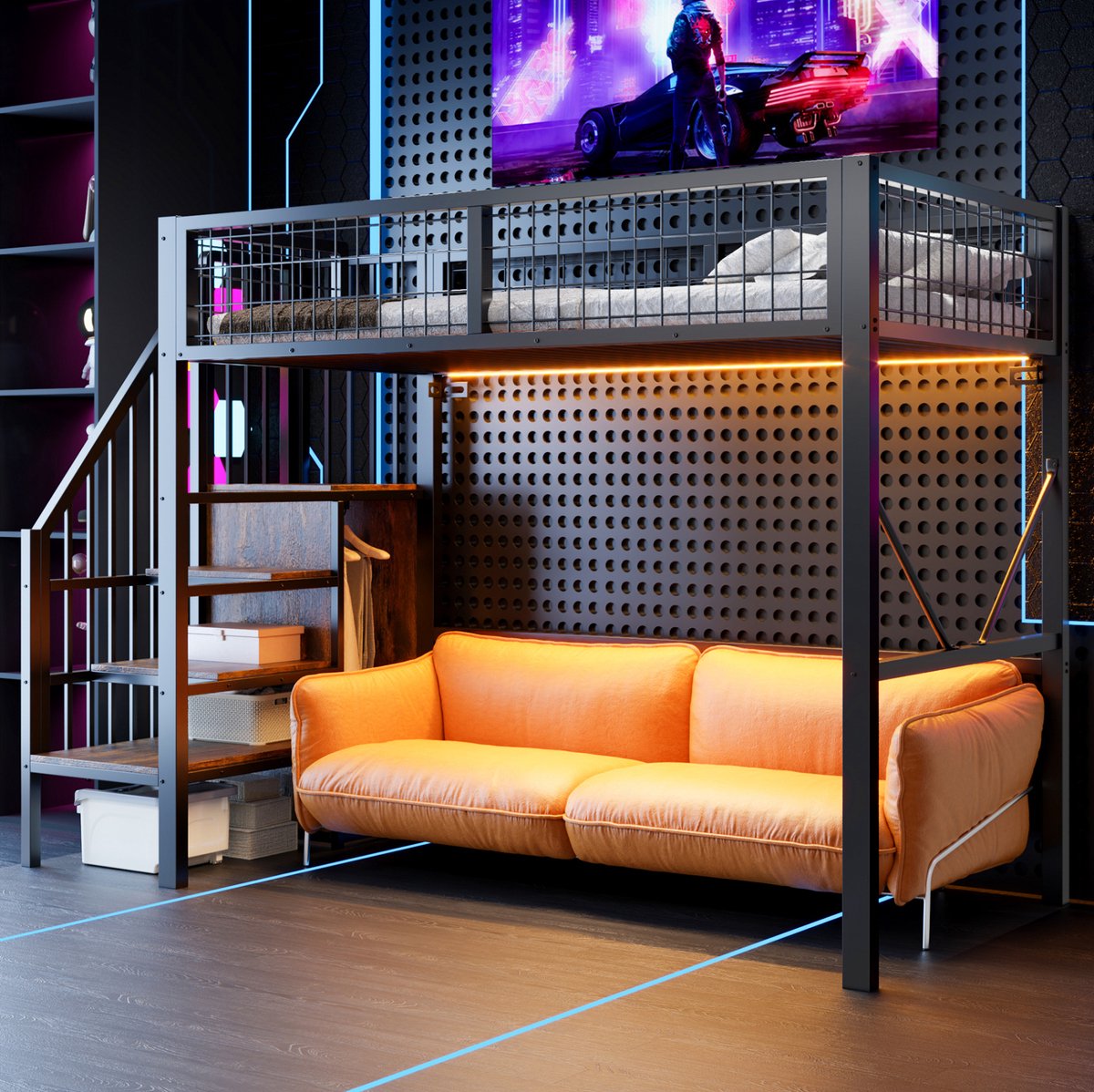 OKWISH Hoogslaper 90 x 200 cm - Met LED Verlichting, Opbergladder en Kledingroede - Met Uitvalbeveiliging - Metaal en Hout - Zonder Matras - Zwart