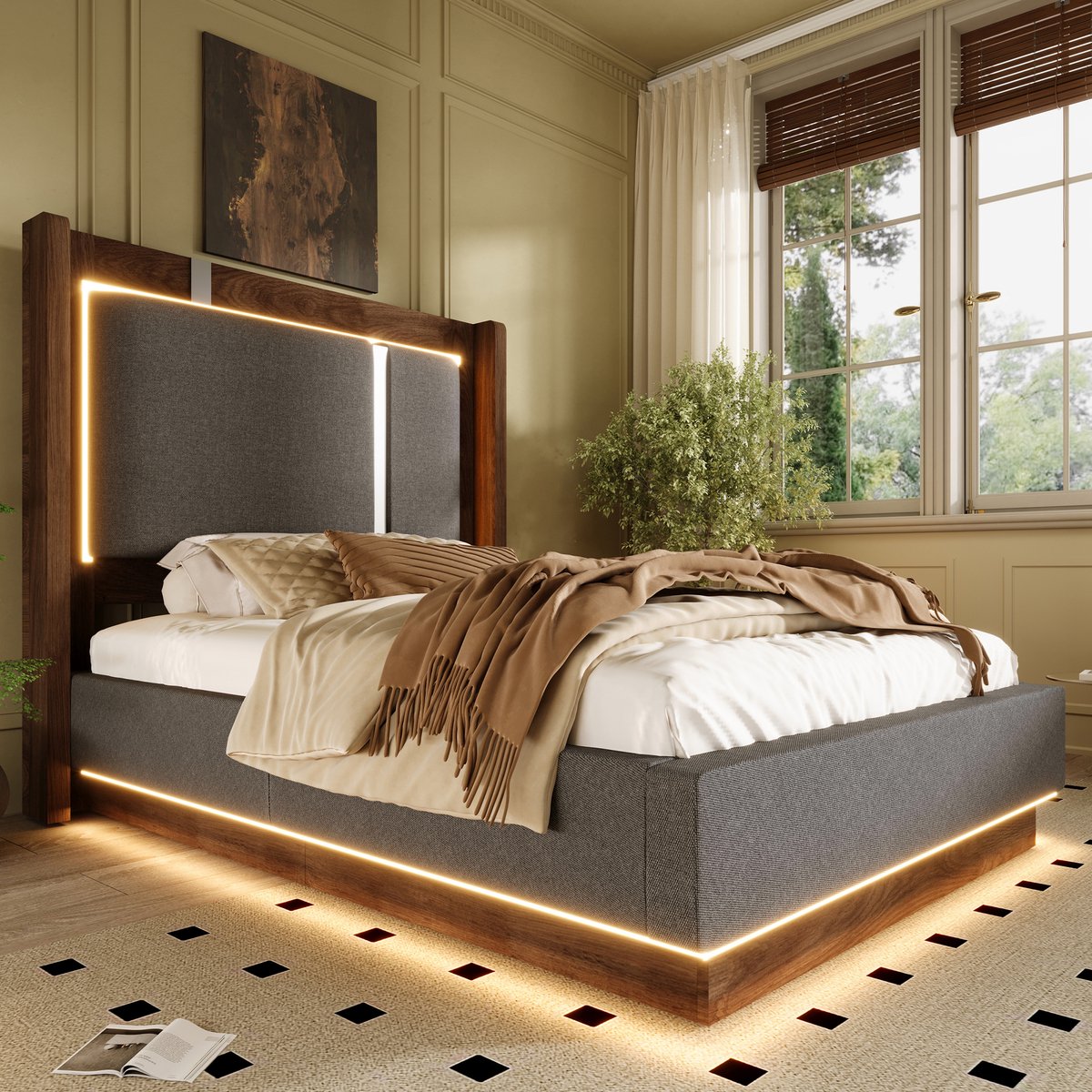 AURA LUMEN Gestoffeerd bed-Eenpersoonsbed-90 x 200 cm-Bed met LED en USB-Bed met opbergruimte-Grijs en Walnoot