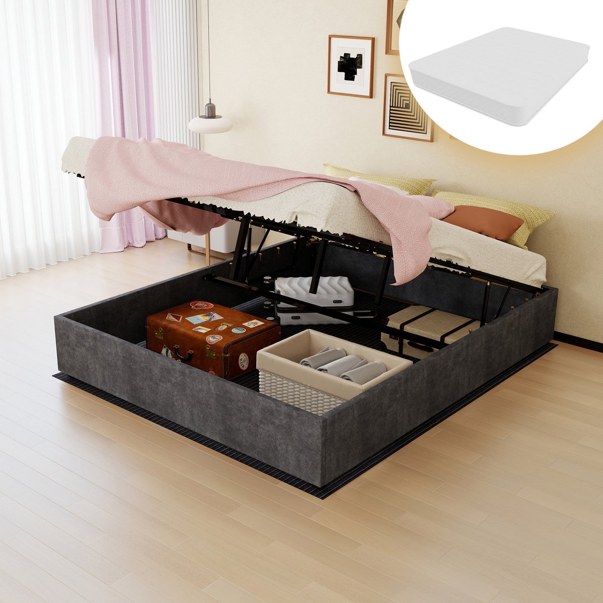 AURA LUMEN-Gestoffeerd bed-Tweepersoonsbed-160 x 200 cm-Gasveer bed-Zacht grijs-Met matras