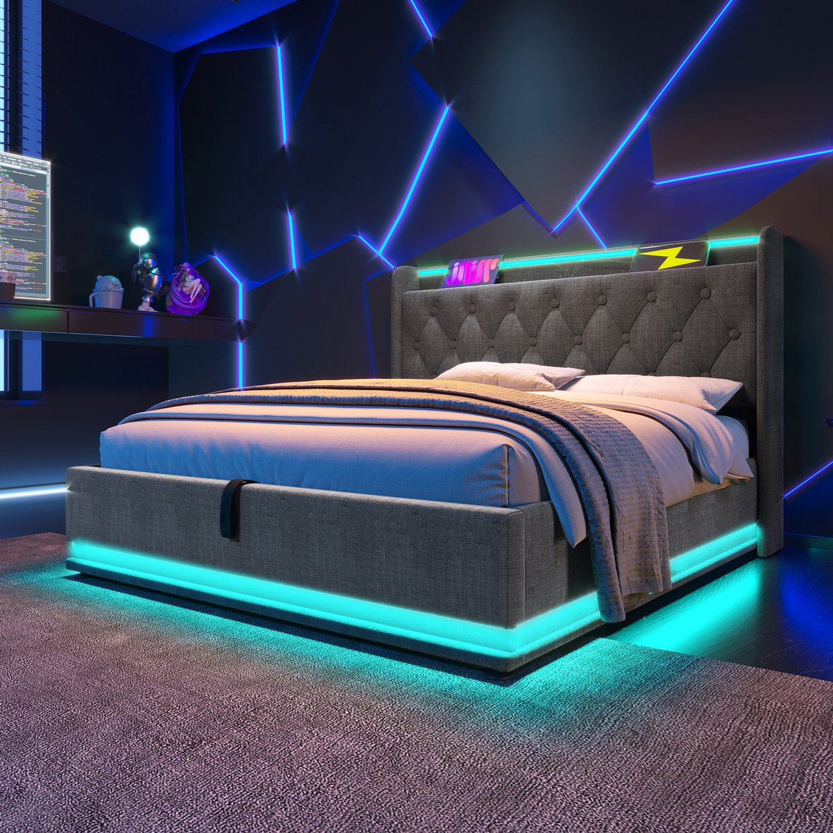 AURA LUMEN Gestoffeerd bed Twijfelaarbed 140 x 200 cm Hydraulisch opbergbed met LED-verlichting en USB-C-aansluiting Grau Leinen-Zonder matras Grijs