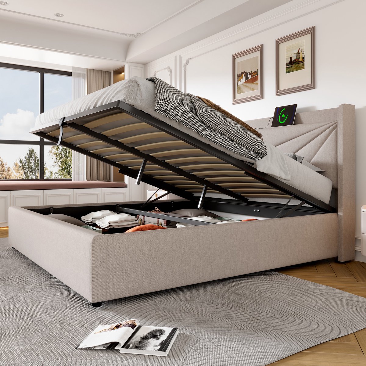 AURA LUMEN Gestoffeerd bed Twijfelaarbed 140x200 cm met opbergruimte en USB-Type-C-aansluiting in beige