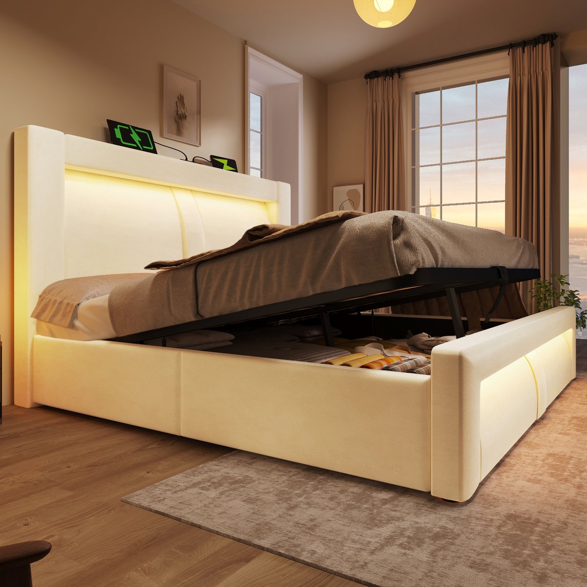 AURA LUMEN Gestoffeerd bed Twijfelaarbed 140 x 200 cm met opbergruimte hydraulisch bed met LED en USB Type-C kopstuk gebogen design beige-Zonder matras