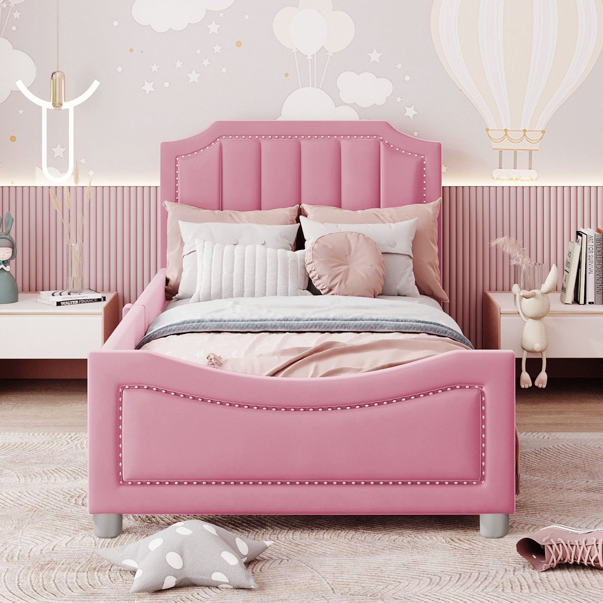 AURA LUMEN Gestoffeerd bed-Eenpersoonsbed-90 x 200 cm-Bed met hoofdbord-Slafsofa-Rosa-Zonder matras Roze