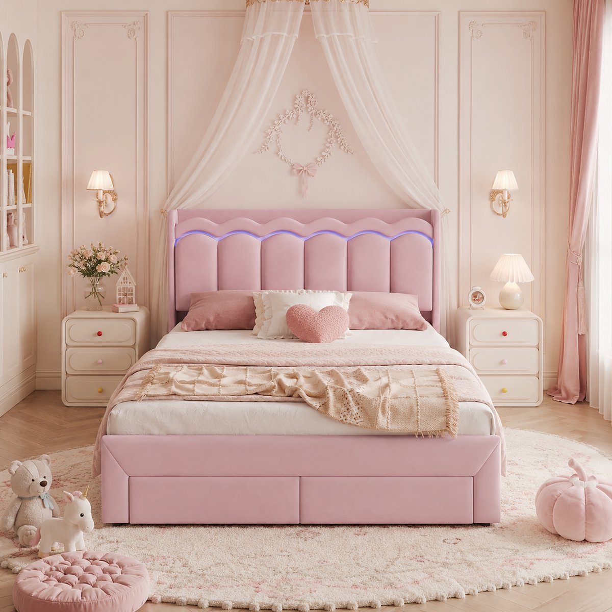 AURA LUMEN Gestoffeerd bed Twijfelaarbed 140 x 200 cm met schubladen op voetend - LED-verlichting via app - roze - fluweel