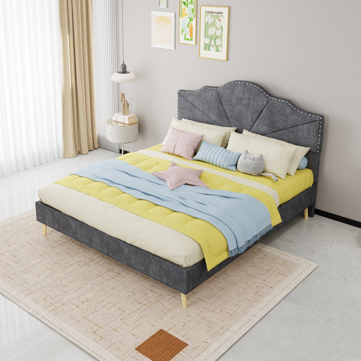 AURA LUMEN-Gestoffeerd bed-Tweepersoonsbed-160 x 200 cm-Zacht hoofdbord-Geometrisch design-Grijs