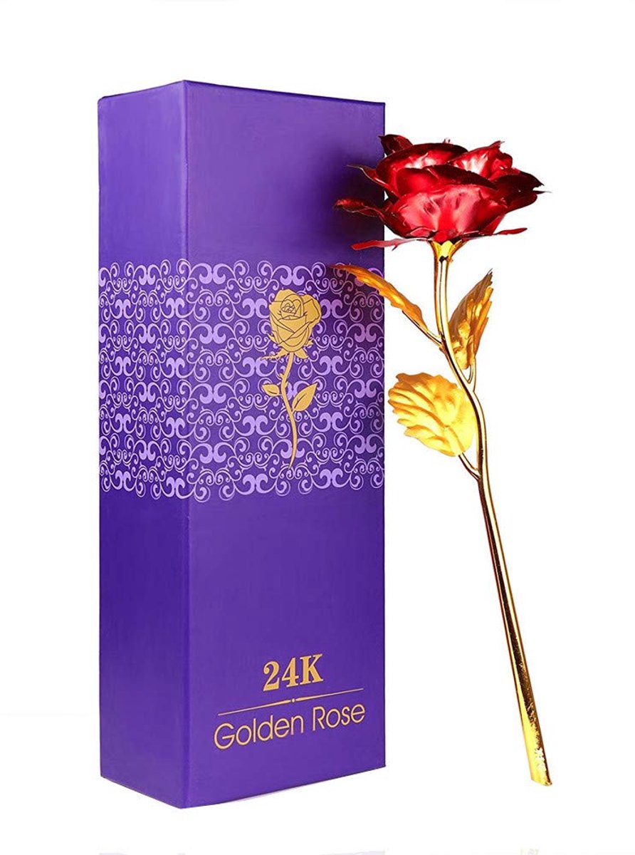 WeFoonLo Kunstmatige 24K Gold Rose Flower Plastic Lange Steel Real Rose Gedoopt in Goud met Geschenkdoos voor - ShopVlot