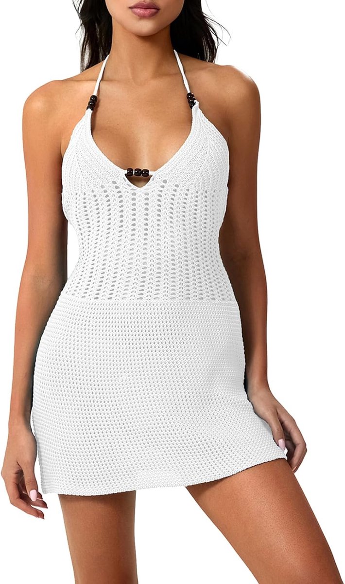Loalirando Crochet Beach Dress, Halterneck Knitted Mini Dress, Deep V-Neck, Backless, Sexy, Fashionable - ShopVlot