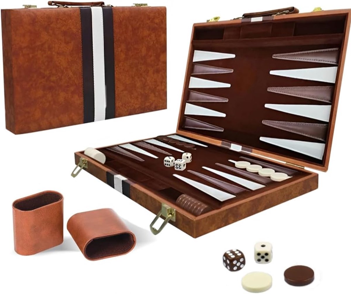 Backgammon-set, Backgammon koffer, Klassieke bordspellen voor 2 spelers, Draagbaar reisstrategie spelset met hoogwaardig PU-lederen etui, schaakstukken en dobbelstenen voor volwassenen