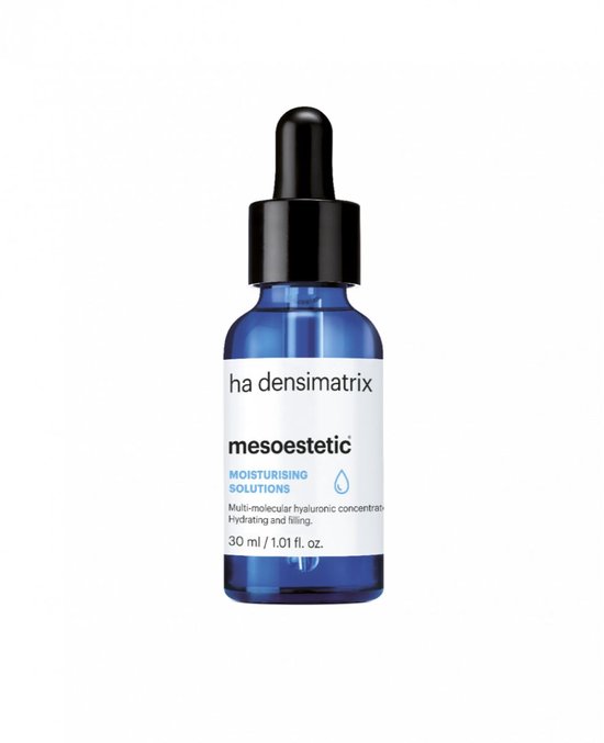 Blauwe glazen fles met druppelaar voor ha densimatrix serum. Bevat 30 ml.