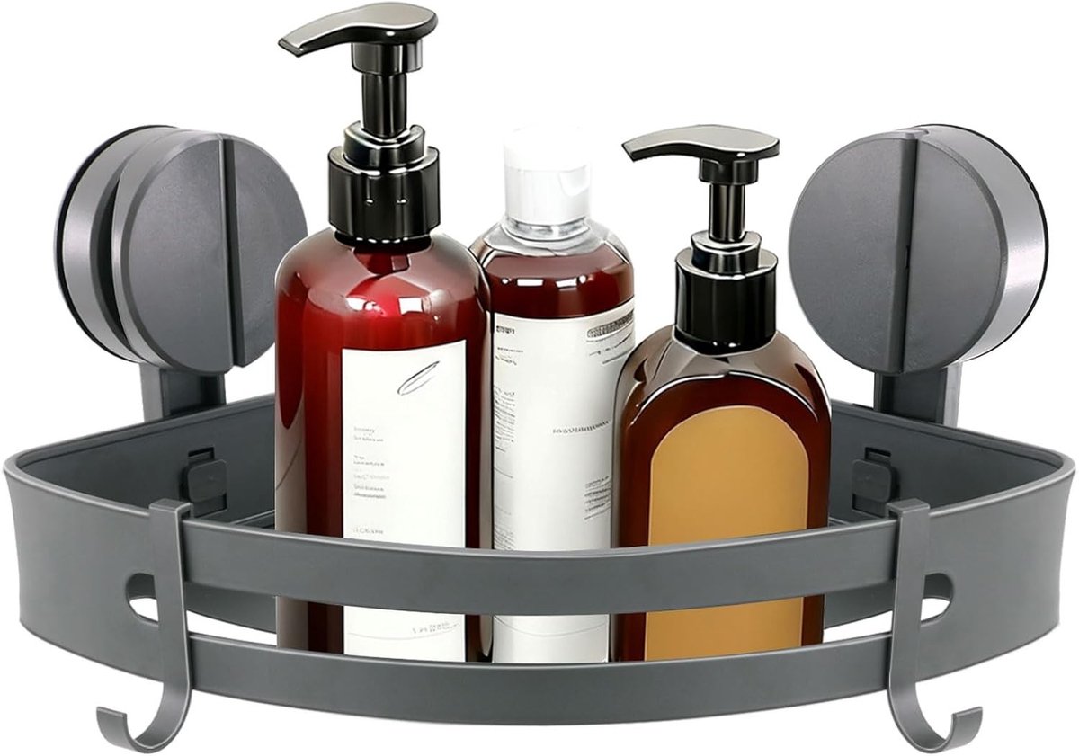 Doucheplank zonder boren, zuignap rek met twee haken voor shampoo, ideaal voor badkamer en keuken, ruimtebesparend en eenvoudig te installeren