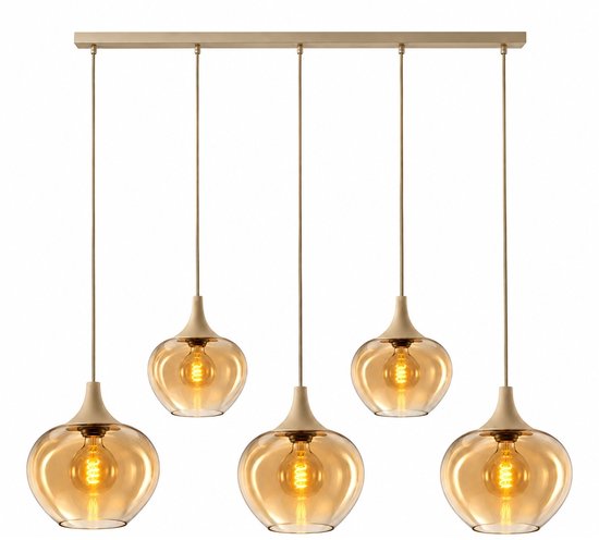 Freelight Fresu hanglamp met vijf amberkleurige glazen bollen en crème armatuur op een horizontale balk.