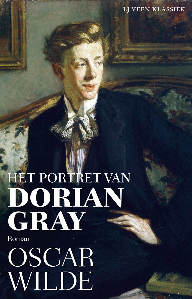 Boekcover: Een portret van een jonge man in een donker pak met een gestrikt wit lint, zittend op een bank. Tekst: Het Portret van Dorian Gray, Oscar Wilde.