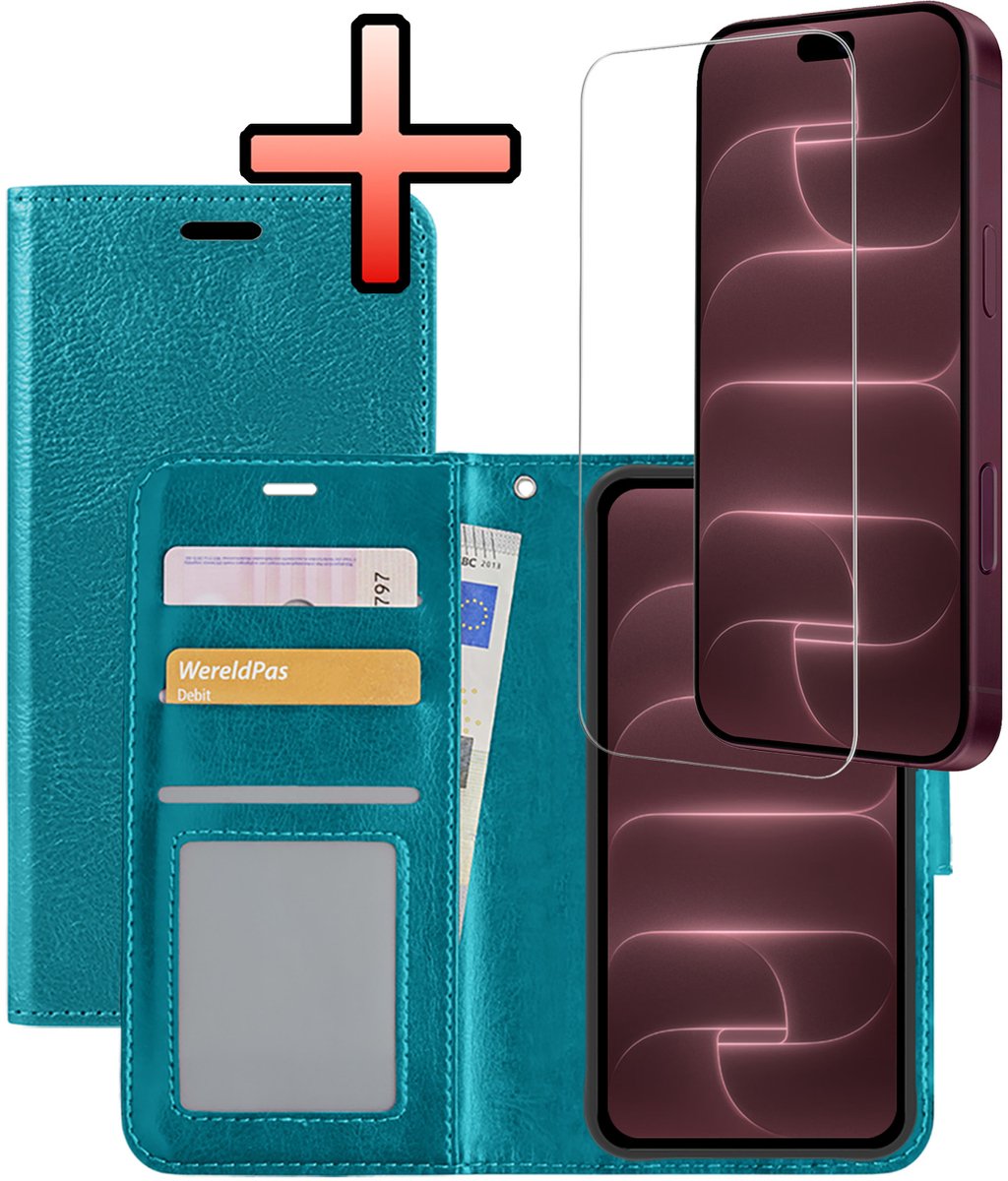 Hoesje - Met Screenprotector - Geschikt voor Apple iPhone 18 Pro Max - Luxe Pasjeshouder - Bookcase Portemonee - Flip Case - Kunstleer Book Case - Flipcase - Book Cover - Walletcase - Portemonneehoes - Turquoise