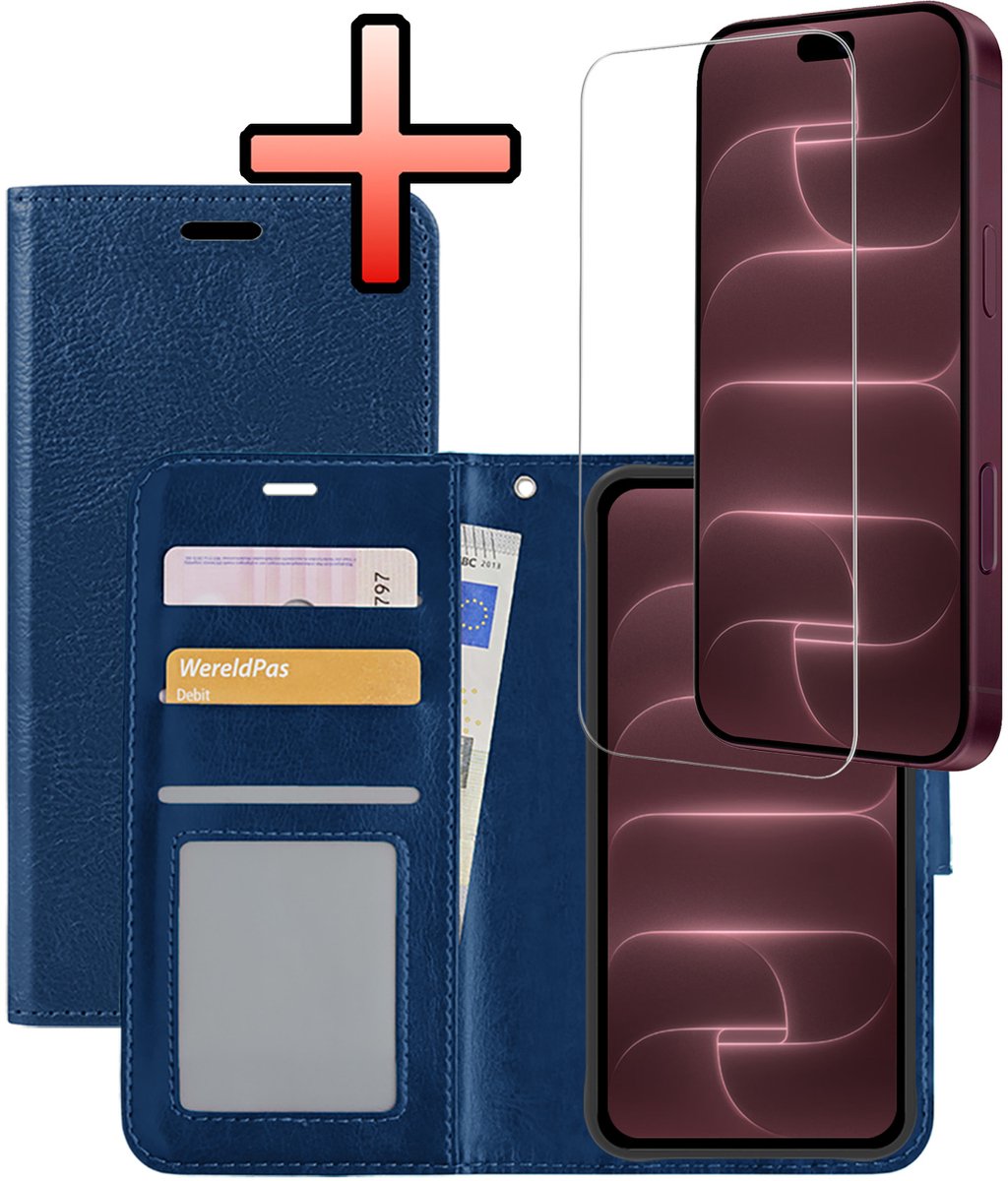 Hoesje - Met Screenprotector - Geschikt voor Apple iPhone 18 Pro Max - Luxe Pasjeshouder - Bookcase Portemonee - Flip Case - Kunstleer Book Case - Flipcase - Book Cover - Walletcase - Portemonneehoes - Donkerblauw